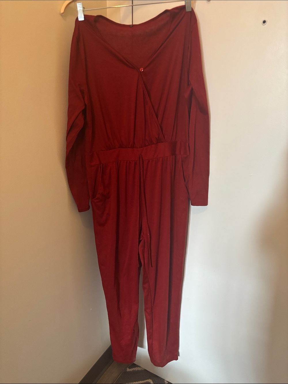 Women's Long-Sleeve Rust Red Jumpsuit with V-Neck